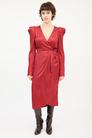 A.L.C. Red Silk Jacquard Puff Sleeve Midi Wrap Dress
