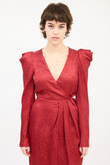 A.L.C. Red Silk Jacquard Puff Sleeve Midi Wrap Dress