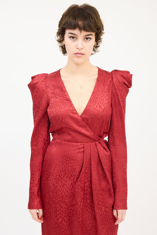 A.L.C. Red Silk Jacquard Puff Sleeve Midi Wrap Dress