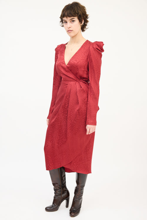 A.L.C. Red Silk Jacquard Puff Sleeve Midi Wrap Dress