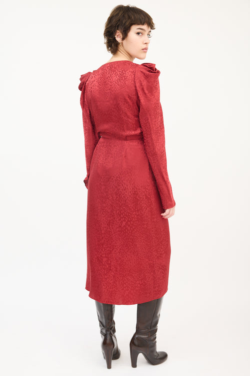 A.L.C. Red Silk Jacquard Puff Sleeve Midi Wrap Dress