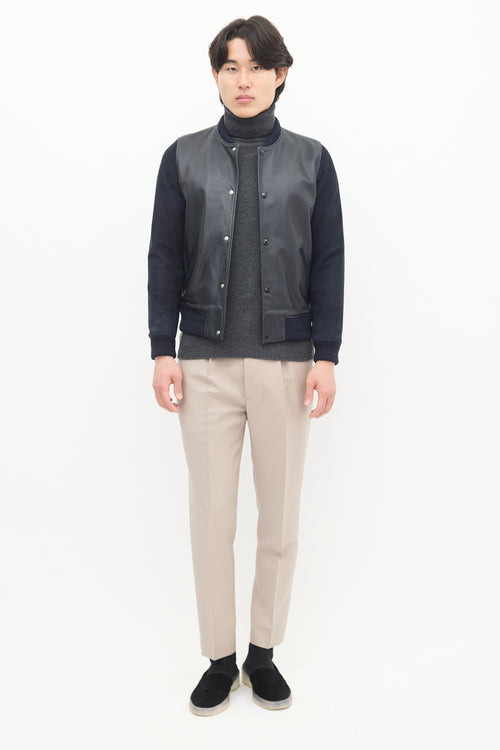 A.P.C. Navy Leather & Suede Varsity Jacket