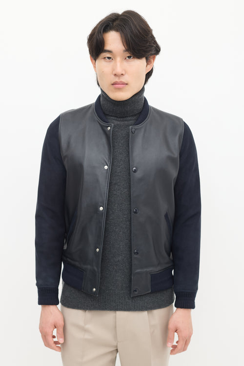 A.P.C. Navy Leather & Suede Varsity Jacket