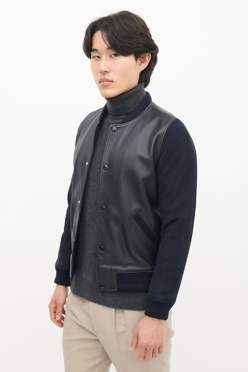 A.P.C. Navy Leather & Suede Varsity Jacket