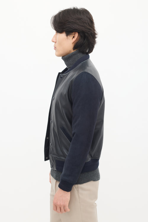 A.P.C. Navy Leather & Suede Varsity Jacket