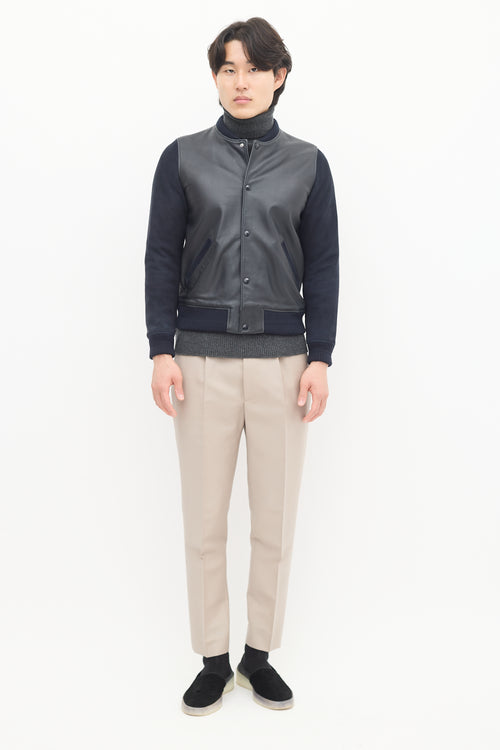 A.P.C. Navy Leather & Suede Varsity Jacket