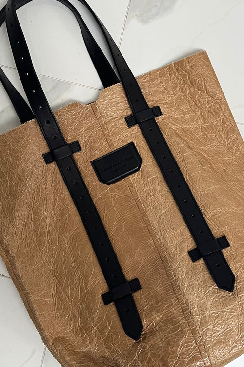 Beige & Black Leather Tote Bag