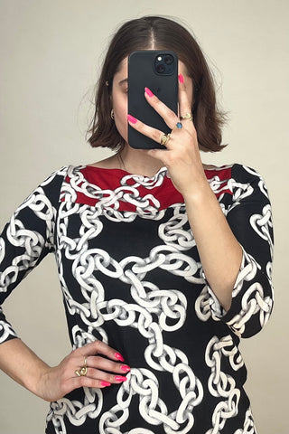 Black & Red Chain Printed Colour Blocked Dress