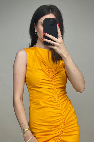 Yellow Cotton Ruched Midi Dress