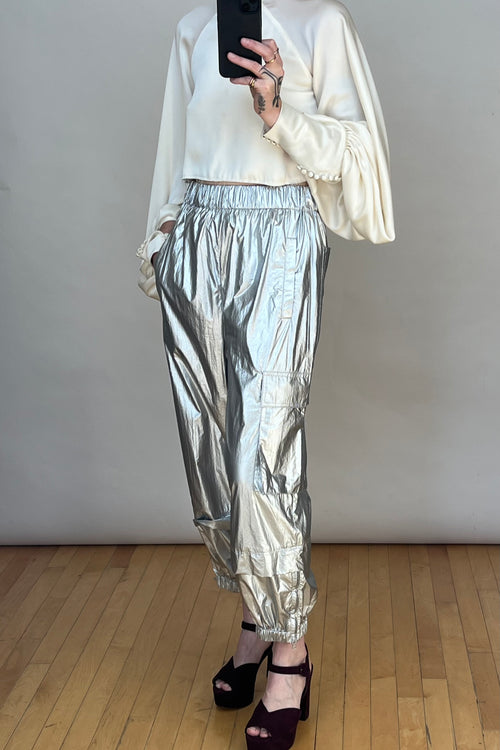 Silver Metallic Cropped Cargo Trousers