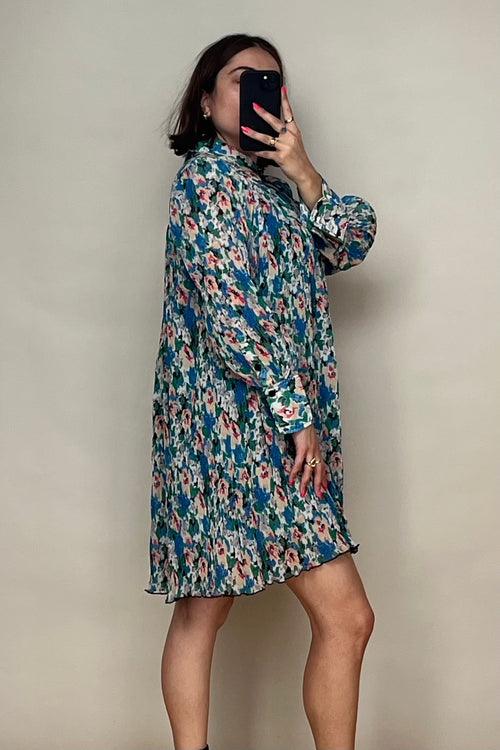 Blue & Multicolour Plissé Floral Shirt Dress