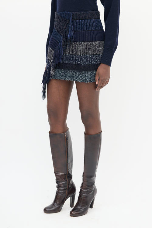 Acne Studios Navy Knit Striped Fringe Mini Skirt