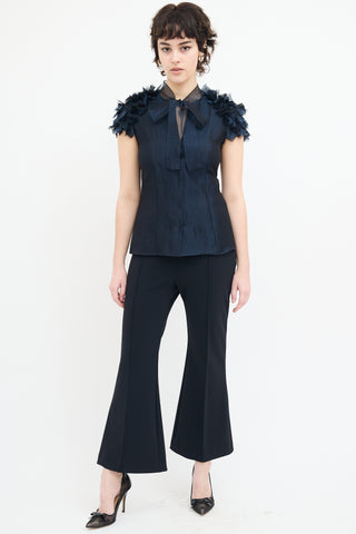 Akris Navy Silk Shiny Sheer Applique Top