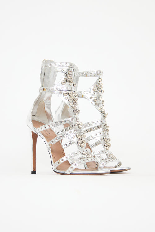 Alaïa Metallic Leather Caged Grommet Sandal