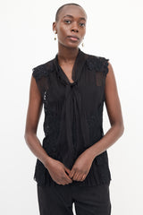 Alberta Ferretti Black Silk Lace Neck Tie Blouse