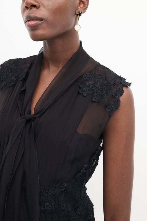 Alberta Ferretti Black Silk Lace Neck Tie Blouse