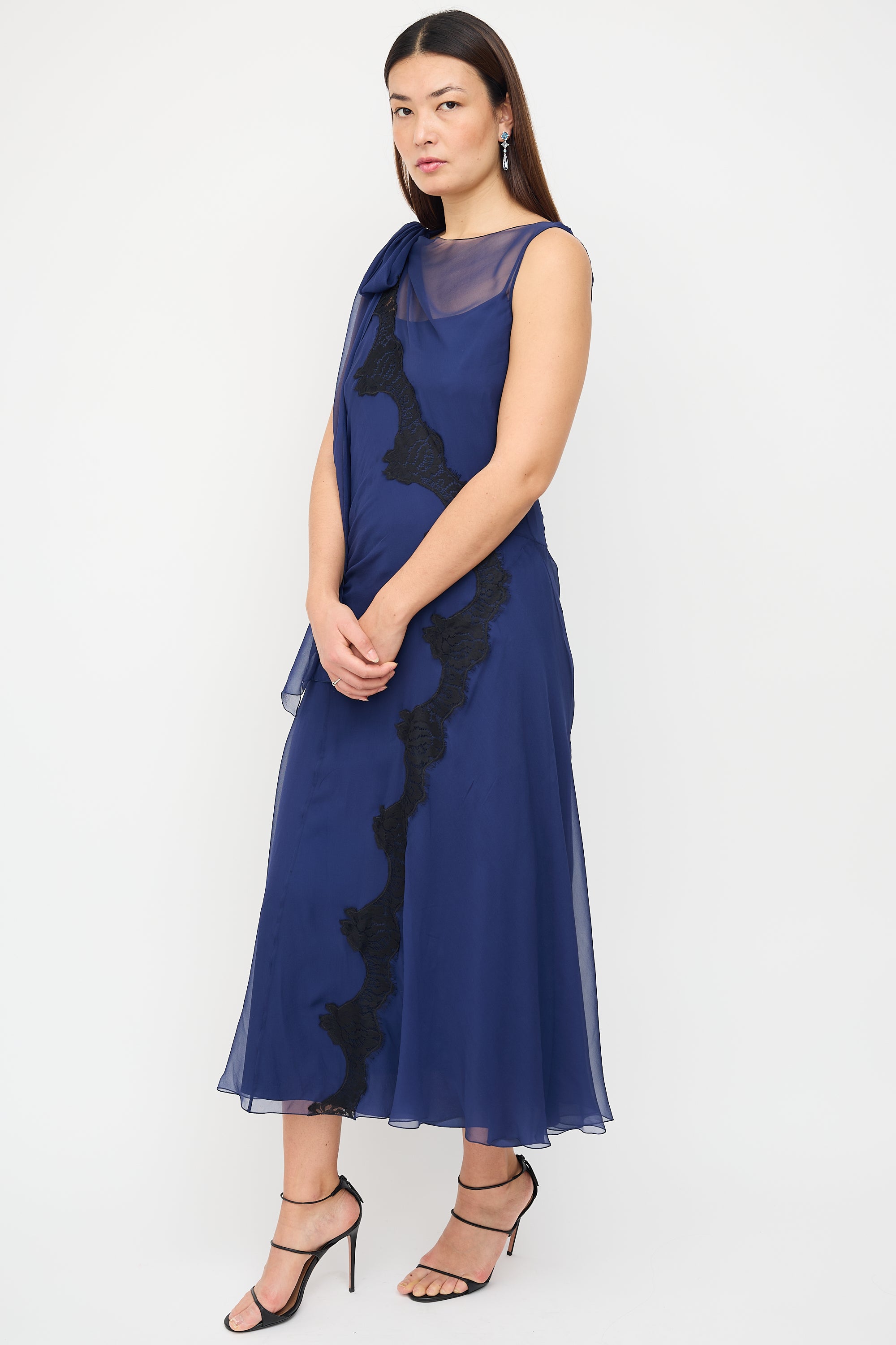 Alberta Ferretti // Navy Silk Sash Overlay Dress – VSP Consignment