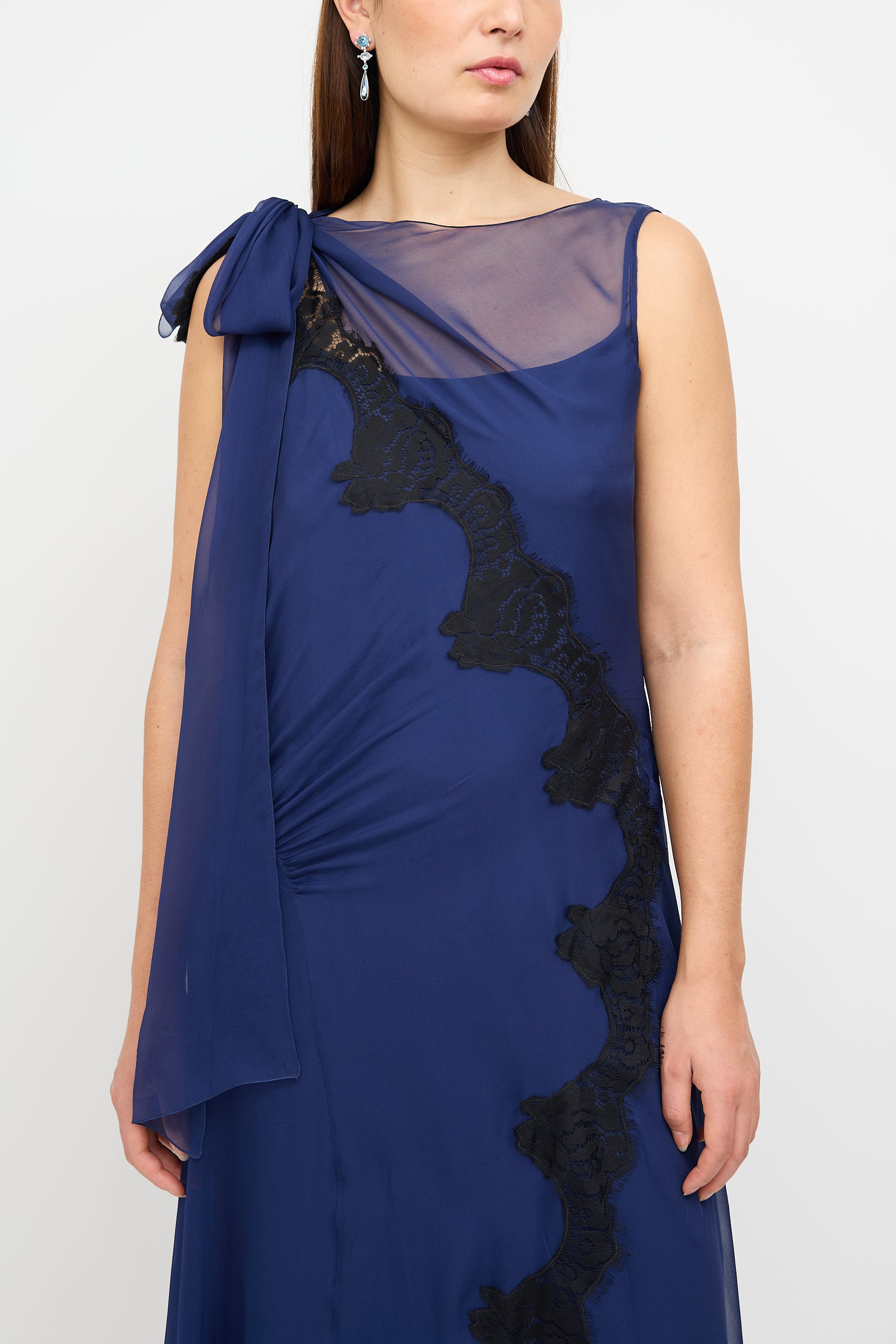 Alberta Ferretti // Navy Silk Sash Overlay Dress VSP Consignment Alberta Ferretti // Navy Silk Sash Overlay Dress VSP Consignment