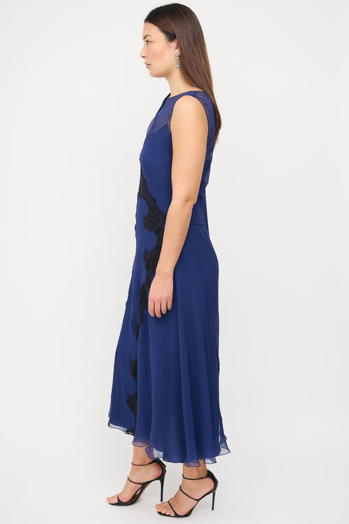 Alberta Ferretti Navy Silk Sash Overlay Dress