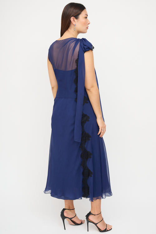 Alberta Ferretti Navy Silk Sash Overlay Dress