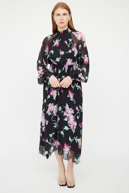 A.L.C. Black & Multi Floral Print Smock Dress