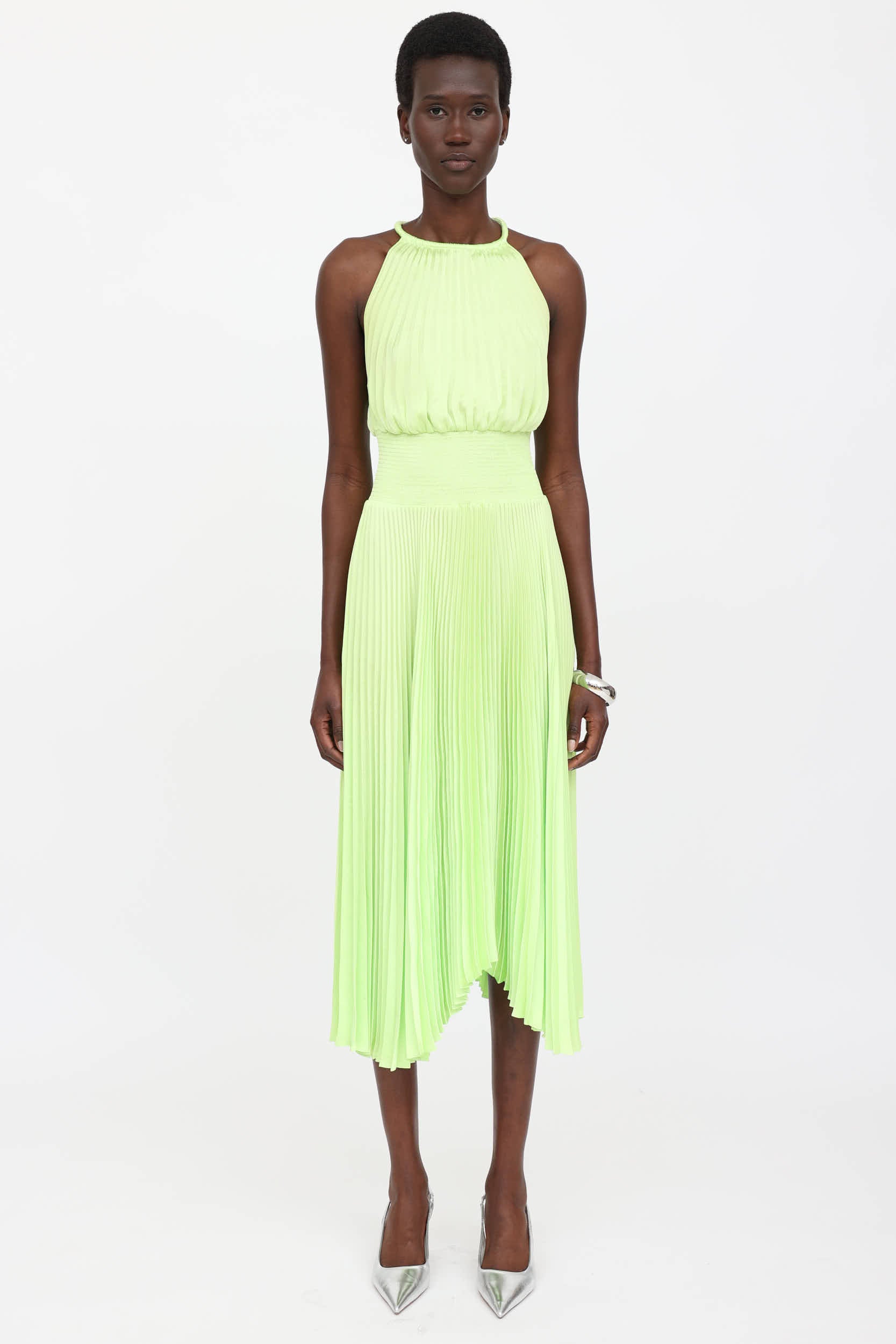 alc green pleated dress A.L.C. Dahlia One Shoulder Pleated Crepe Maxi Dress