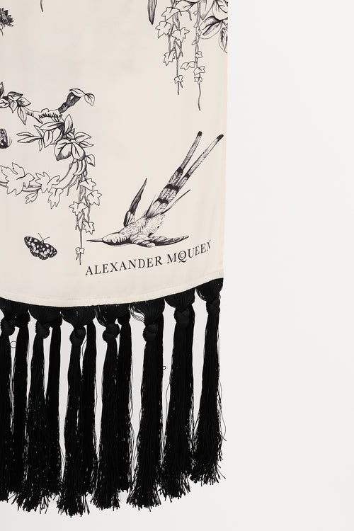 Alexander McQueen Cream & Black Floral Branch Fringe Scarf