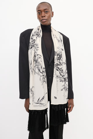 Alexander McQueen Cream & Black Floral Branch Fringe Scarf