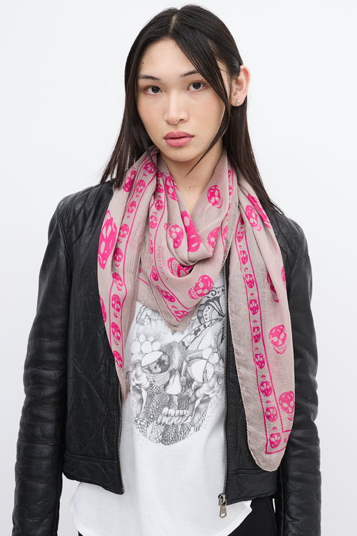 Alexander McQueen Grey & Pink Silk Skull Scarf