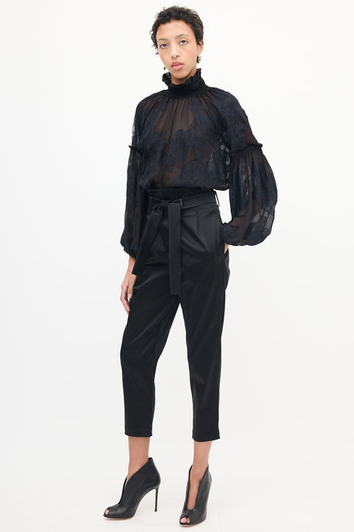 Amanda Uprichard Black Satin Tie Waist Trouser