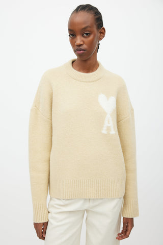 AMI Paris Beige & White Heart Logo Wool Sweater