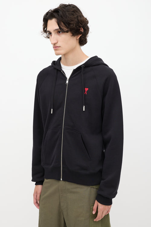 AMI Paris Black Embroidered Logo Zip Hoodie