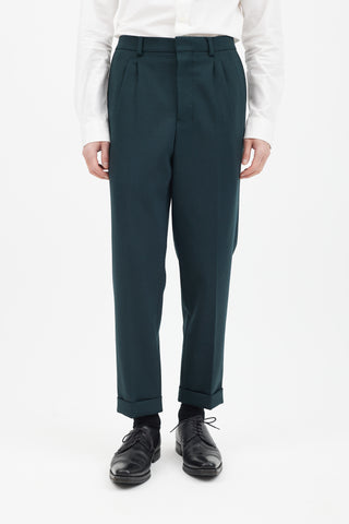 AMI Paris Green Wool Pleated Tapered Trouser