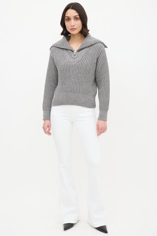 AMI Paris Grey Wool Ribbed Knit Half Zip Sweater