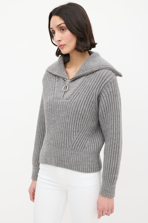 AMI Paris Grey Wool Ribbed Knit Half Zip Sweater