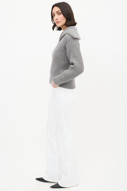 AMI Paris Grey Wool Ribbed Knit Half Zip Sweater