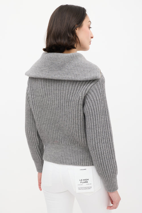 AMI Paris Grey Wool Ribbed Knit Half Zip Sweater