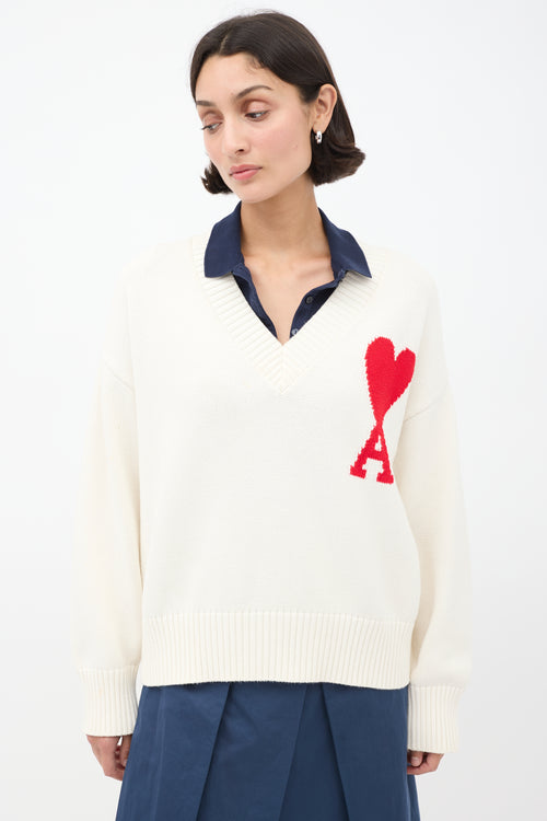 AMI Paris White & Red Ami De Coeur V-Neck Sweater