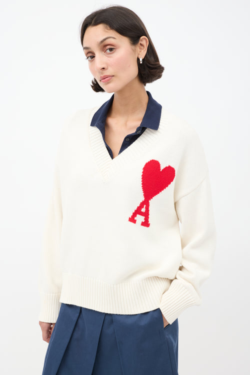 AMI Paris White & Red Ami De Coeur V-Neck Sweater