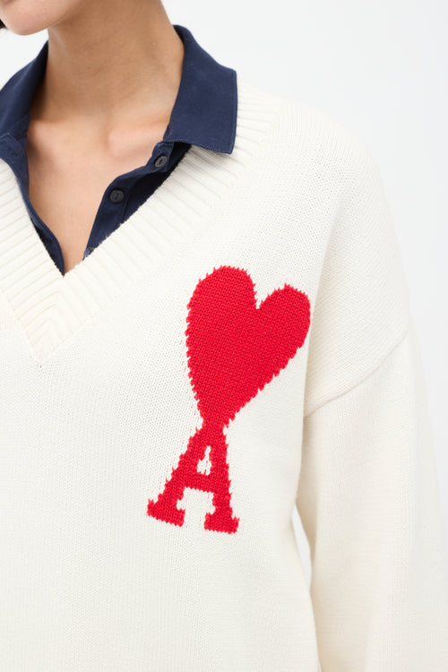 AMI Paris White & Red Ami De Coeur V-Neck Sweater