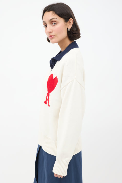 AMI Paris White & Red Ami De Coeur V-Neck Sweater