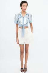 Anna Sui Light Blue & Multi Jacquard Stripe Cropped Shirt