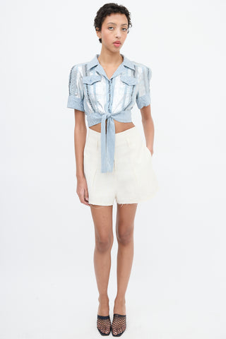Anna Sui Light Blue & Multi Jacquard Stripe Cropped Shirt