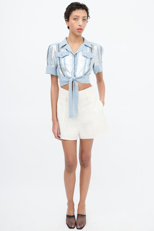 Anna Sui Light Blue & Multi Jacquard Stripe Cropped Shirt