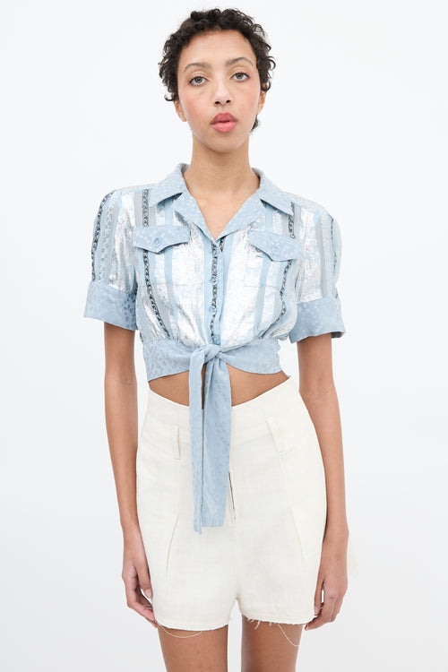 Anna Sui Light Blue & Multi Jacquard Stripe Cropped Shirt