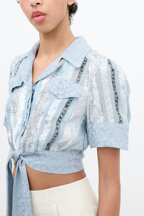 Anna Sui Light Blue & Multi Jacquard Stripe Cropped Shirt