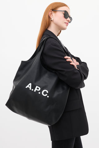 A.P.C. Black Faux Leather Ninon Logo Tote Bag