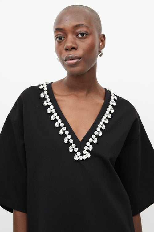 AREA Black Crystal V-Neck T-Shirt Dress