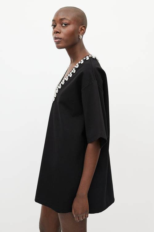 AREA Black Crystal V-Neck T-Shirt Dress