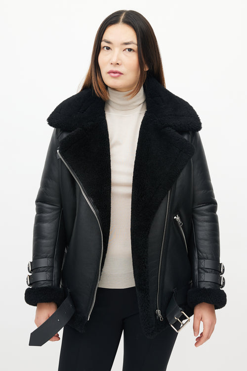 Acne Studios Black Leather Sherpa Collar Jacket